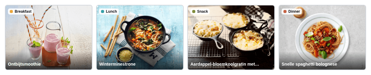 Meal plan day card showing breakfast, lunch, snack, and dinner recipe cards